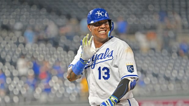 Sep 7, 2022; Kansas City, Missouri, USA; Kansas City Royals designated hitter Salvador Perez (13) reacts after driving in the winning run during the ninth inning against the Cleveland Guardians at Kauffman Stadium. Mandatory Credit: Peter Aiken-USA TODAY Sports